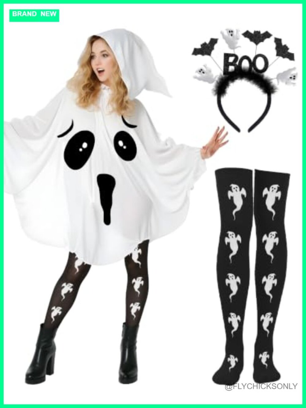 3-Piece Ghost Costume Set Hooded Cape Thigh High Socks BOO Headband